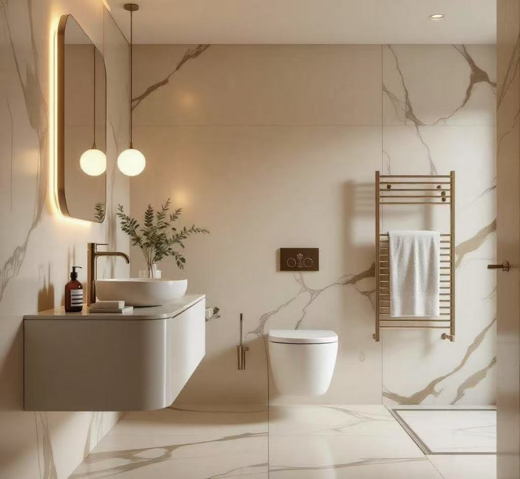 Bathroom hardware and fittings in a warm brushed-brass bathroom