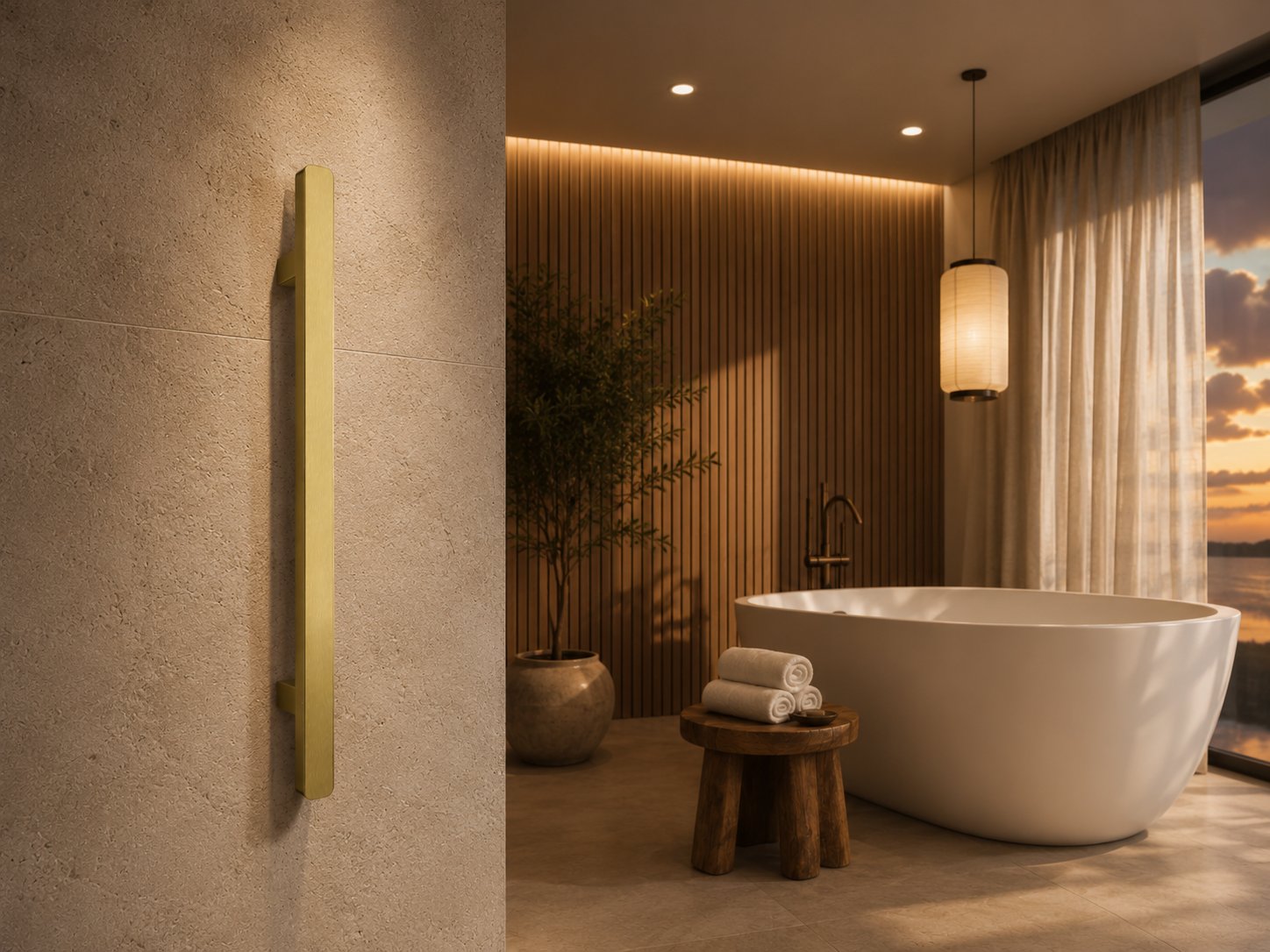 Brushed gold heated towel rail in a warm minimalist bathroom at dusk