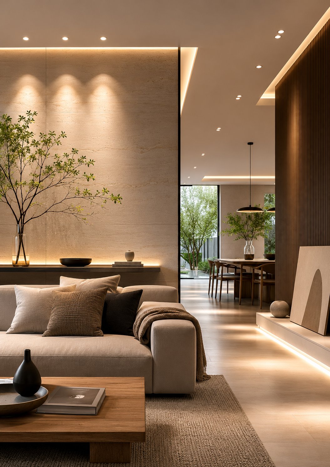 Contemporary living space with a stone feature wall, indoor plant and natural light through a dining corridor