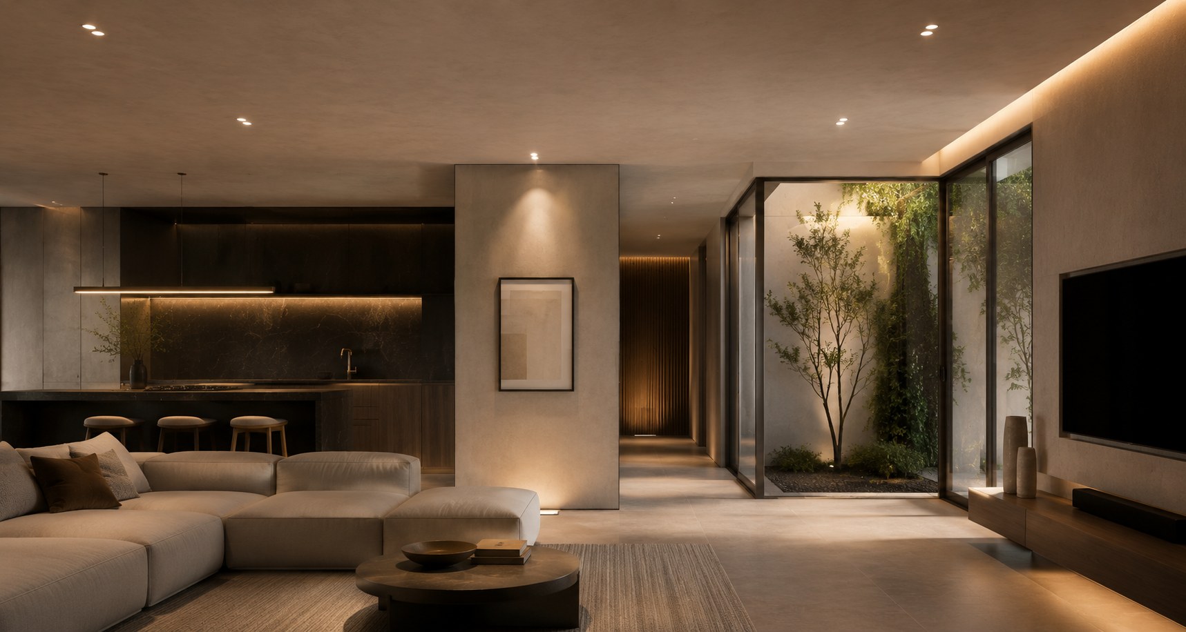 Open-plan living room with warm architectural lighting, a glass courtyard and greenery
