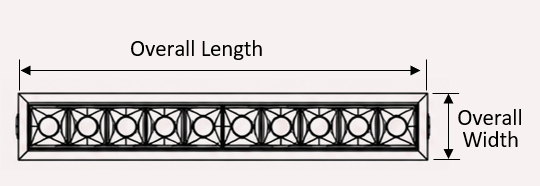 Architect Grille LED downlight — technical drawing with overall length, width and cut-out dimensions