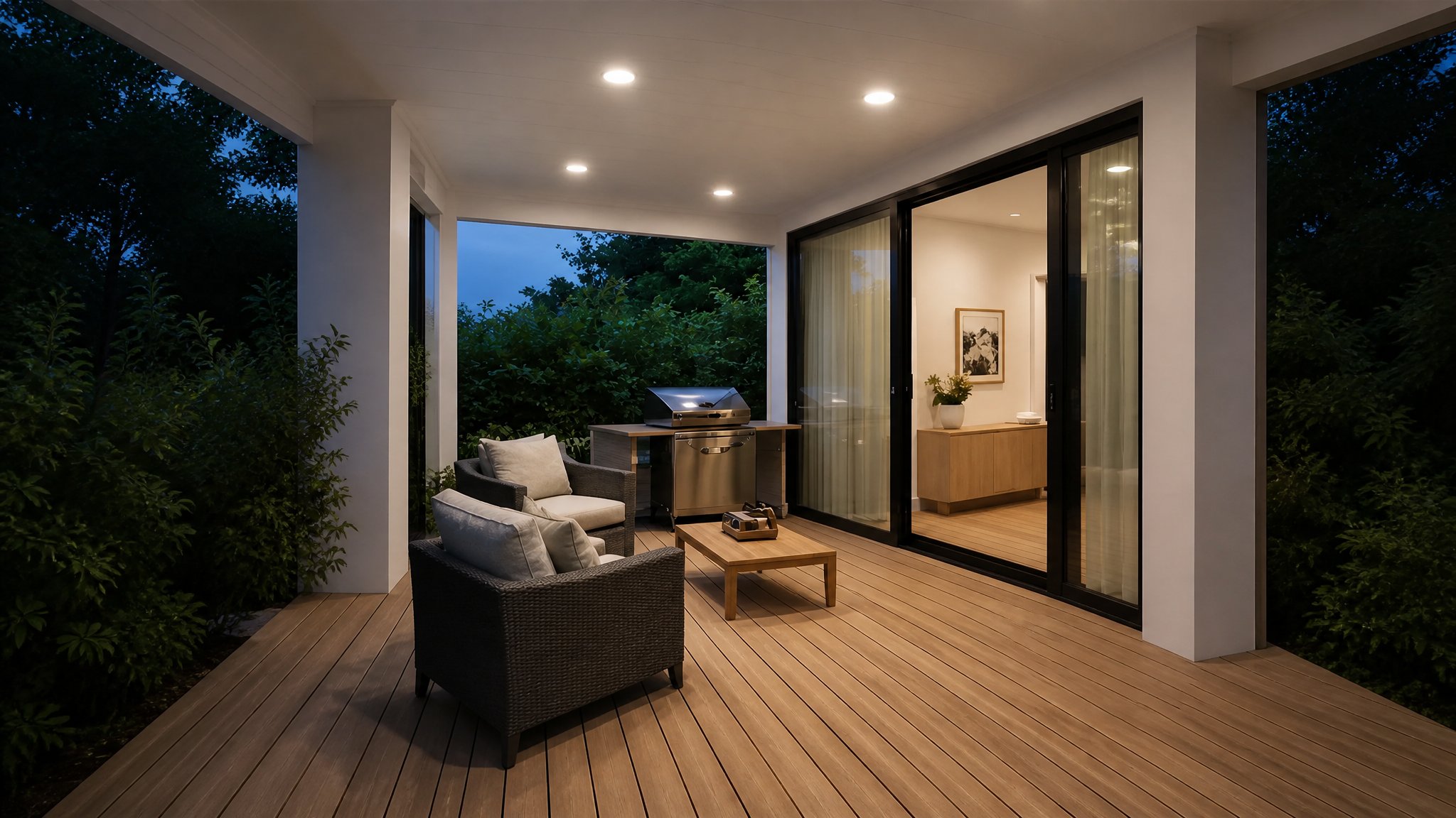 Coastal IP44 downlights on a covered outdoor patio at dusk
