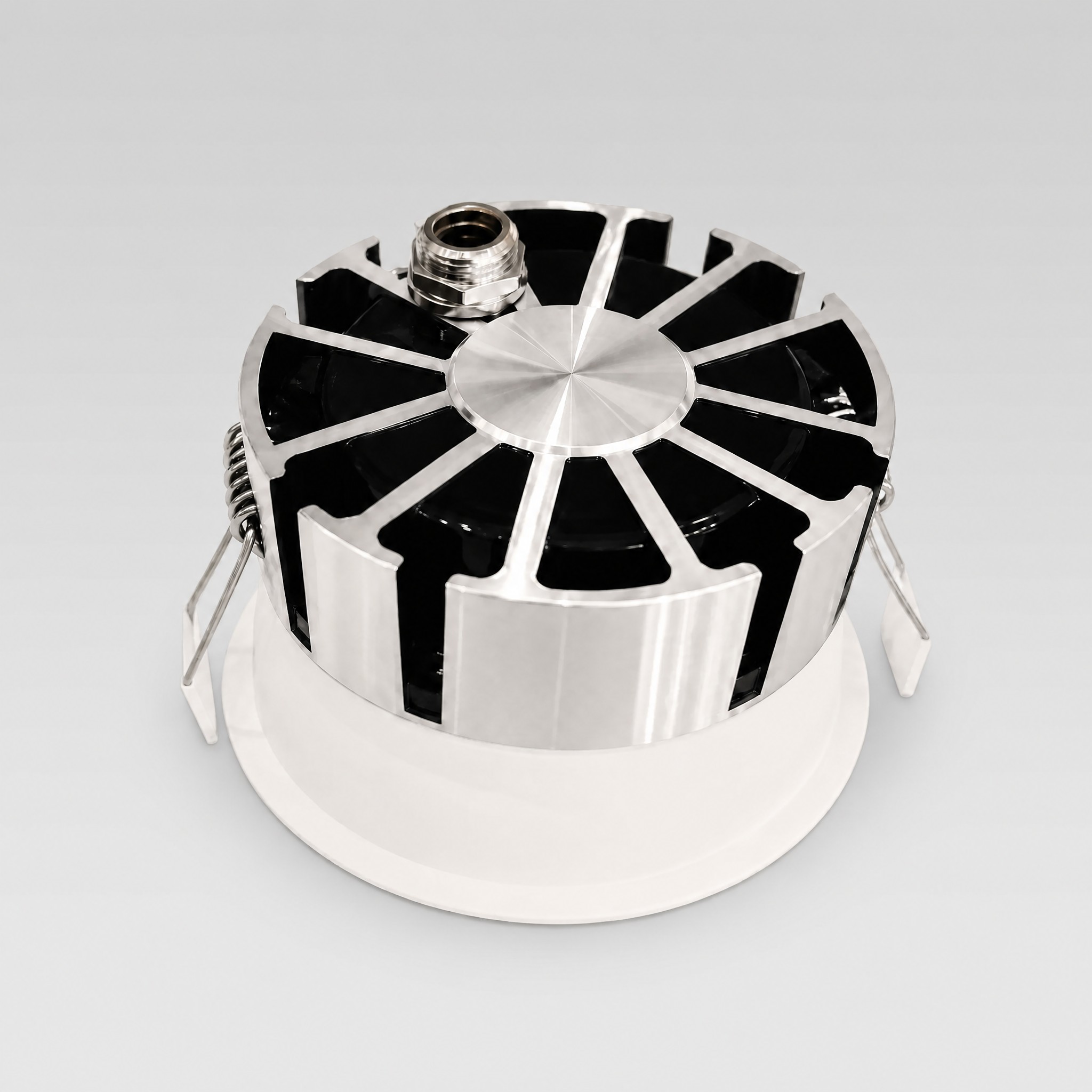 Coastal IP44 LED downlight — rear view showing the finned heat sink, cable gland and spring clips