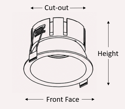 Coastal IP44 LED downlight — technical drawing with cut-out, front face and height dimensions