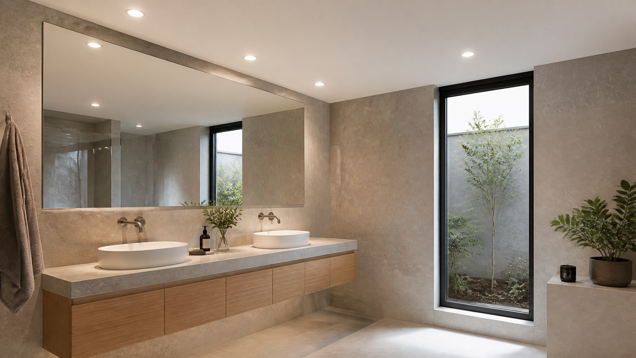 Coastal Tri-CCT IP44 downlights illuminating a modern bathroom vanity with natural daylight