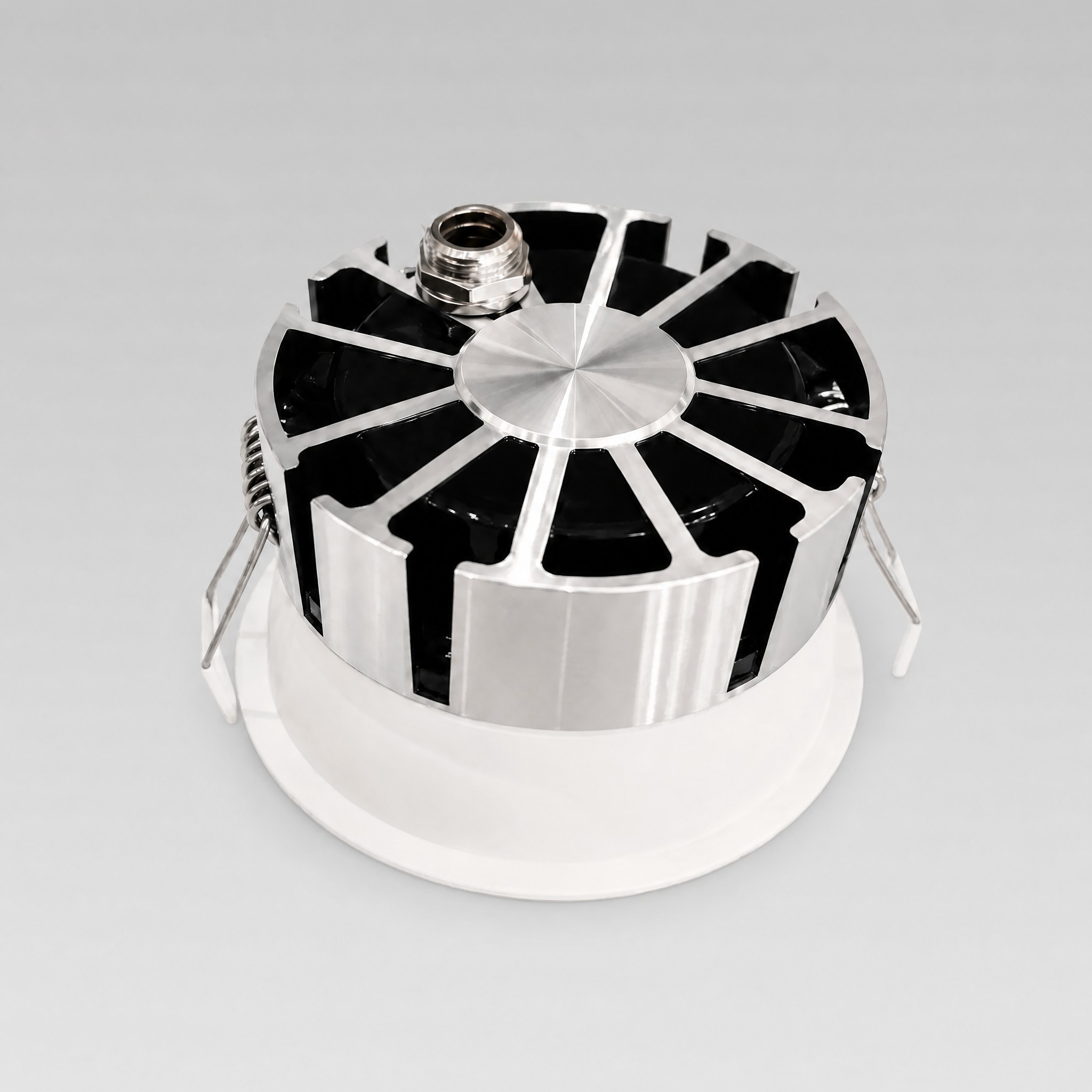 Coastal Tri-CCT IP44 LED downlight — rear view showing the finned heat sink, cable gland and spring clips