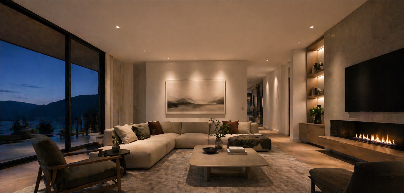 Essence Tri-CCT downlights in a contemporary living room at dusk