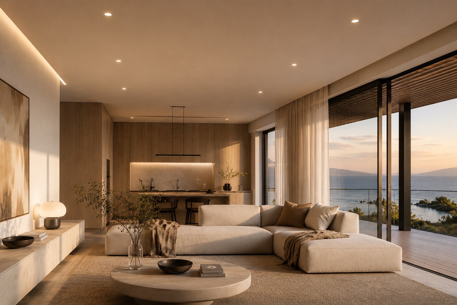 Recessed LED downlights in a coastal living room at dusk