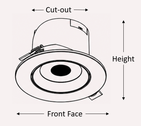 Essence adjustable LED downlight — technical drawing with cut-out, front face and height dimensions