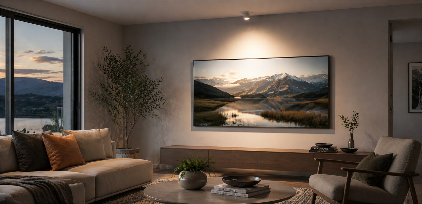 Focus Pull-Out spotlight highlighting a television wall in a contemporary living room at dusk