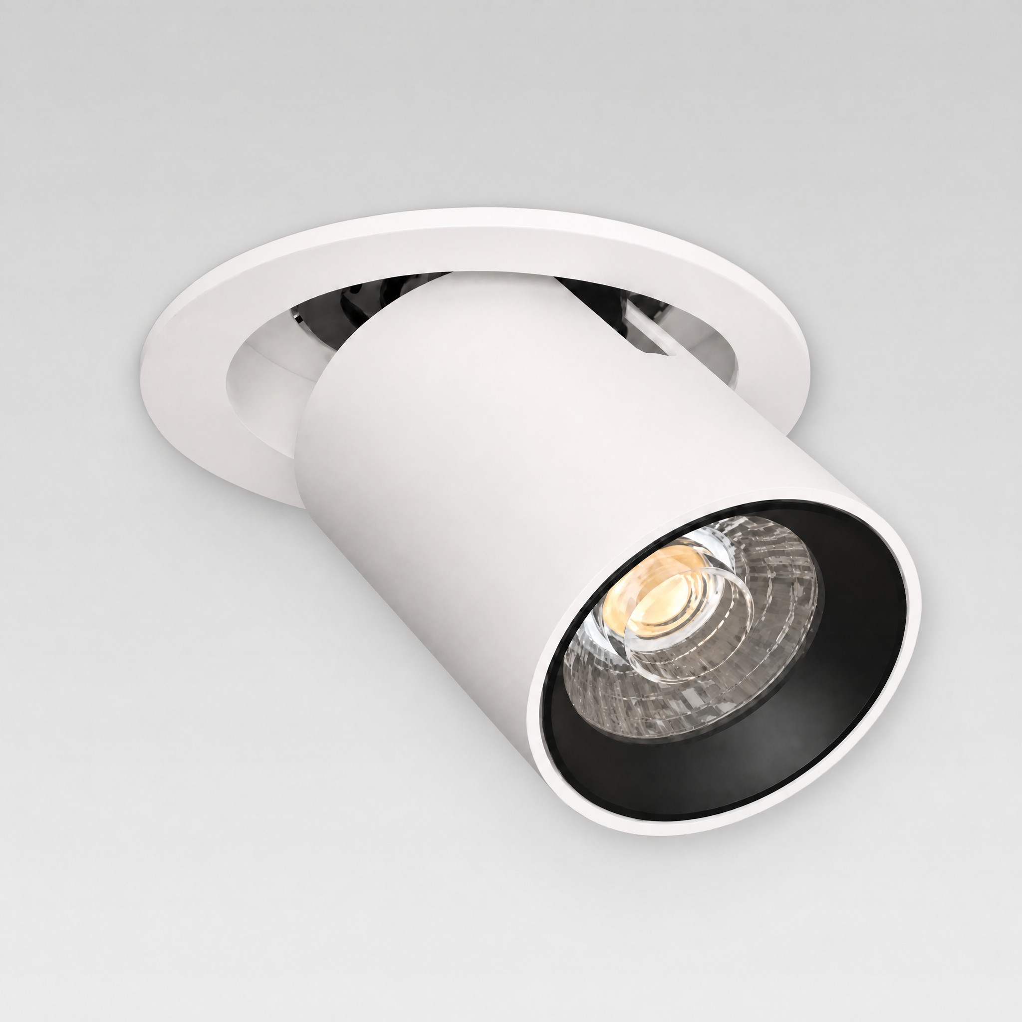Focus Pull-Out adjustable LED spotlight — studio view showing the matte white trim, black anti-glare baffle and adjustable gimbal
