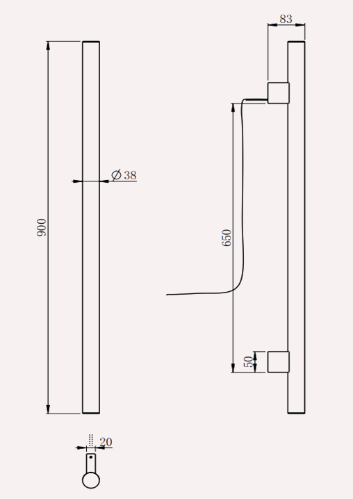 Heated towel rail — dimension drawing with height, wall projection and bracket spacing