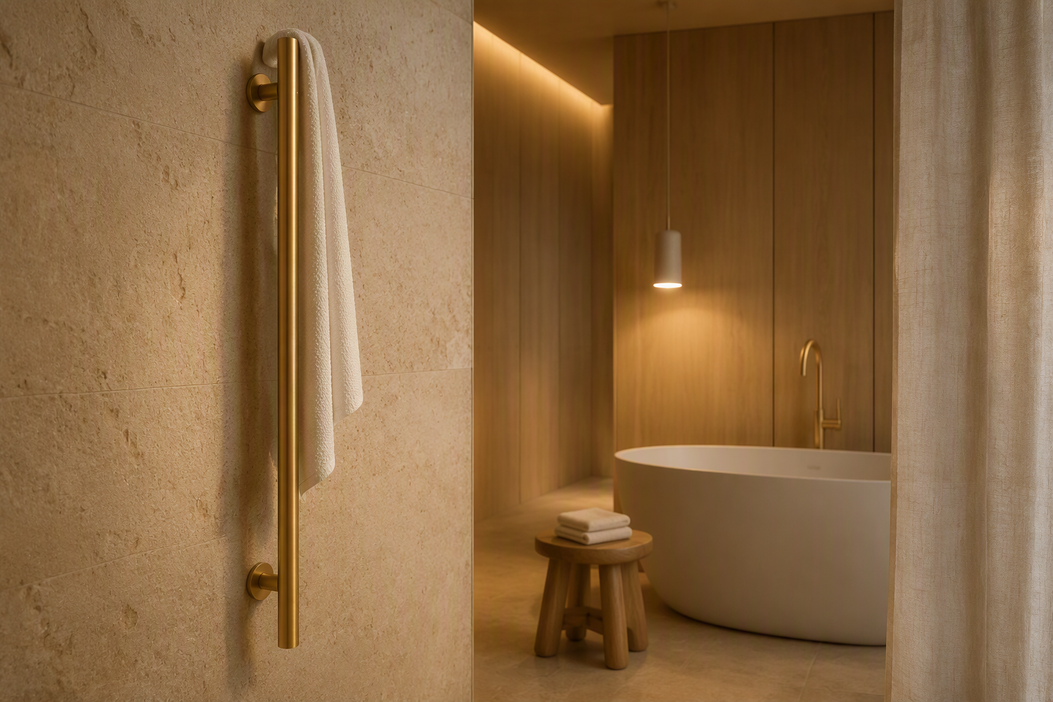 Heated towel rail in Brushed Gold installed in a warm minimal bathroom