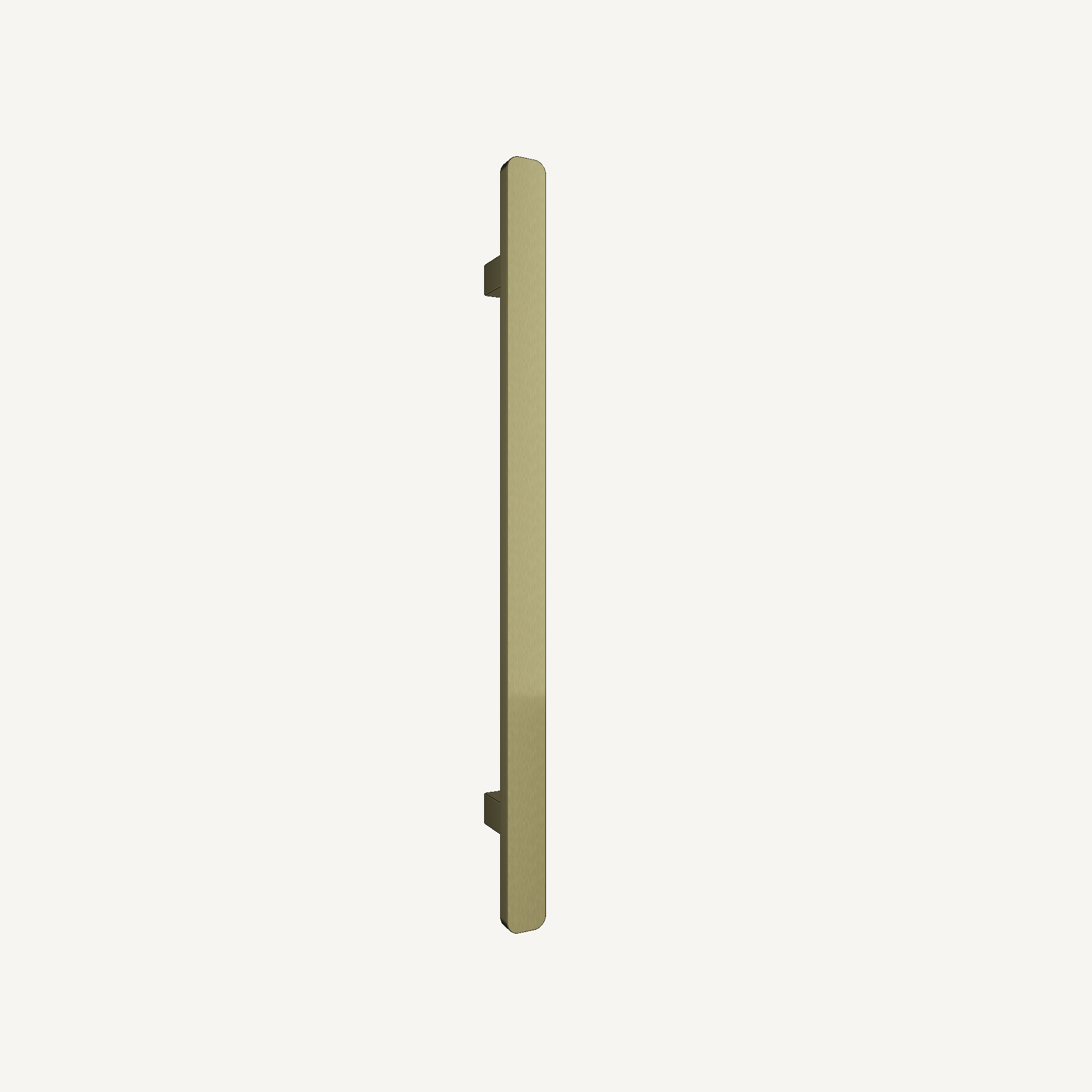 Heated towel rail in Brushed Gold — slim 50 × 20 mm bar with wall brackets