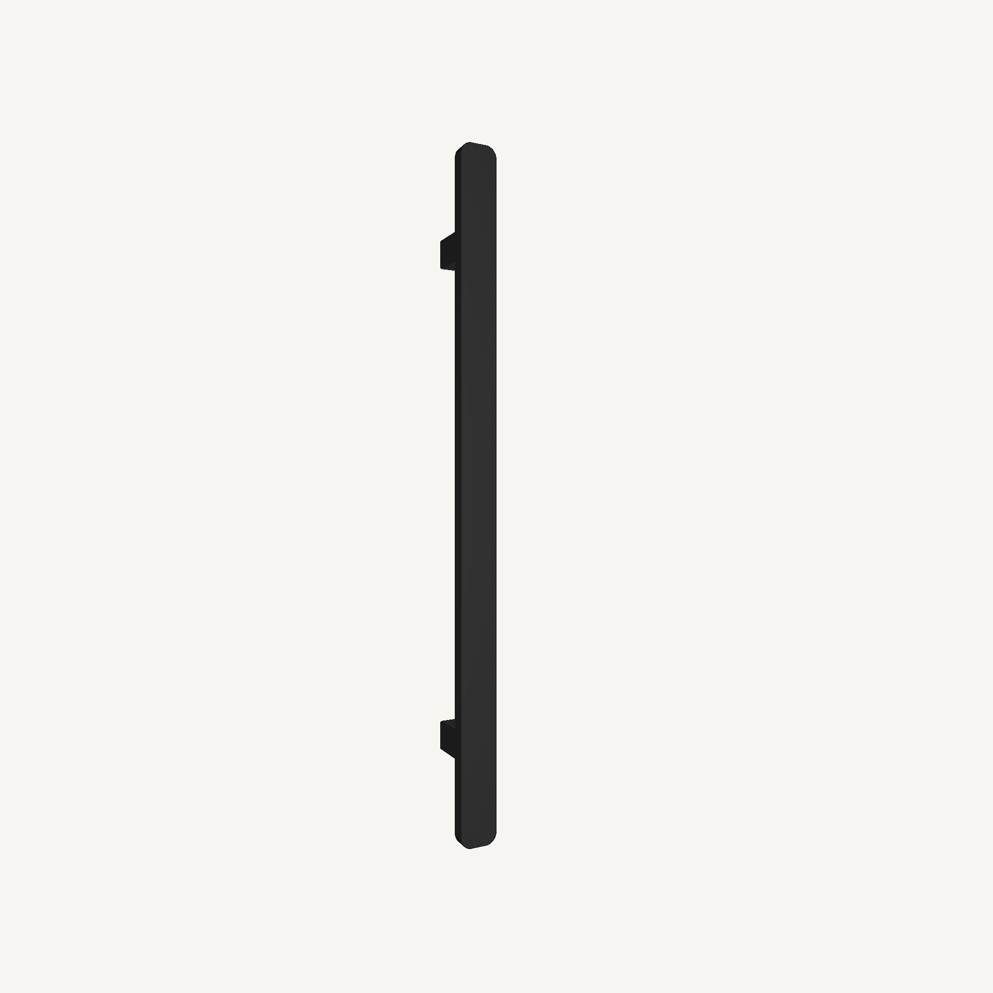 Heated towel rail in Matte Black — slim 50 × 20 mm bar with wall brackets