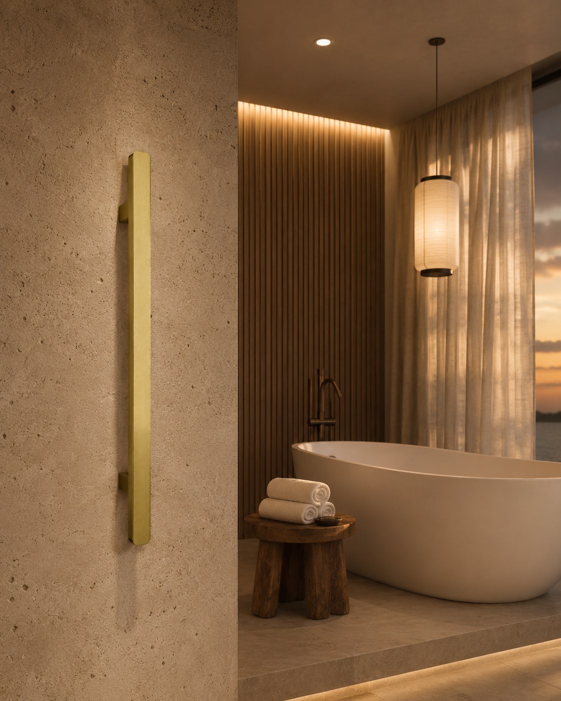 Heated towel rail in Brushed Gold installed in a warm minimal bathroom